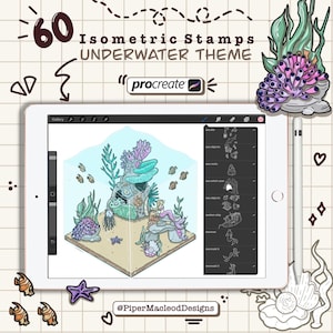 Carimbos isométricos Procreate, tema subaquático, pincéis para aquário, amostras, arte de design digital, arte de paisagem de aquário, design de aquário