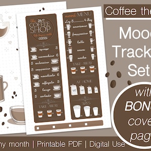 Encartes de diário com marcadores, modelos de rastreadores de humor, páginas imprimíveis com tema de café digital, capa de diário imprimível, cappuccino expresso