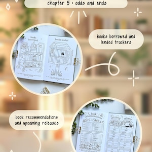 May include: An open journal with the text "WHAT'S INSIDE?" and "chapter 5: odds and ends." The journal pages contain illustrations and sections for tracking books borrowed, lent, recommendations, and upcoming releases.