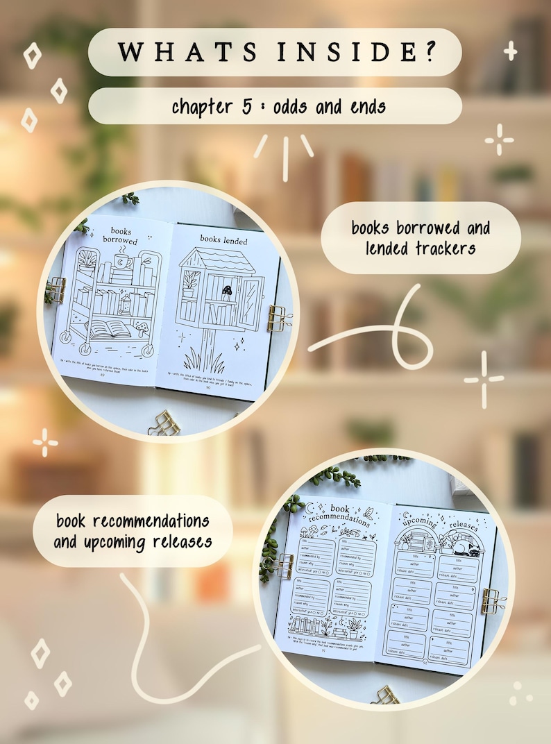 May include: An open journal with the text "WHAT'S INSIDE?" and "chapter 5: odds and ends." The journal pages contain illustrations and sections for tracking books borrowed, lent, recommendations, and upcoming releases.