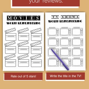 May include: Black and white printable planner pages with a dotted background. The left page has a title that says "Movies Worth Remembering" with a film clapboard design. The right page has a title that says "TV Shows Worth Remembering" with a television screen design.  The pages are designed to help keep track of movies and TV shows to recommend to friends and family.