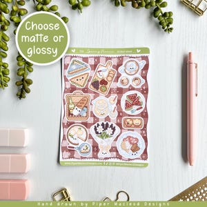 Hoja de pegatinas de picnic kawaii, pegatinas para diario y agenda, arte con temática cottagecore, ilustraciones de charcutería, calcomanías de comida lindas, brillantes o mate
