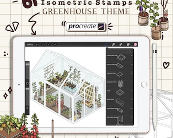Isometric Procreate Stamps, Green House Theme, Botanic Illustrations Brushes, Floral Samples, Interior Design, Digital Isometric Room Art