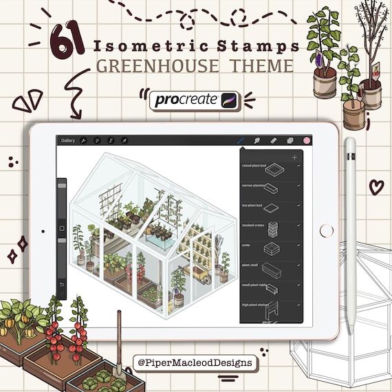 Isometric Procreate Stamps, Green House Theme, Botanic Illustrations Brushes, Floral Samples, Interior Design, Digital Isometric Room Art