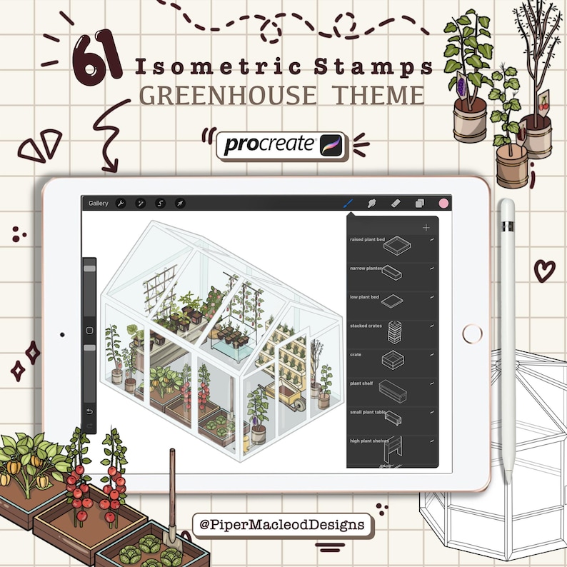 May include: A digital illustration of a greenhouse with 61 isometric stamps for the Procreate app. The greenhouse is filled with plants and gardening tools. The image includes a list of the stamps, such as "raised plant bed", "low plant bed", and "plant shelf".