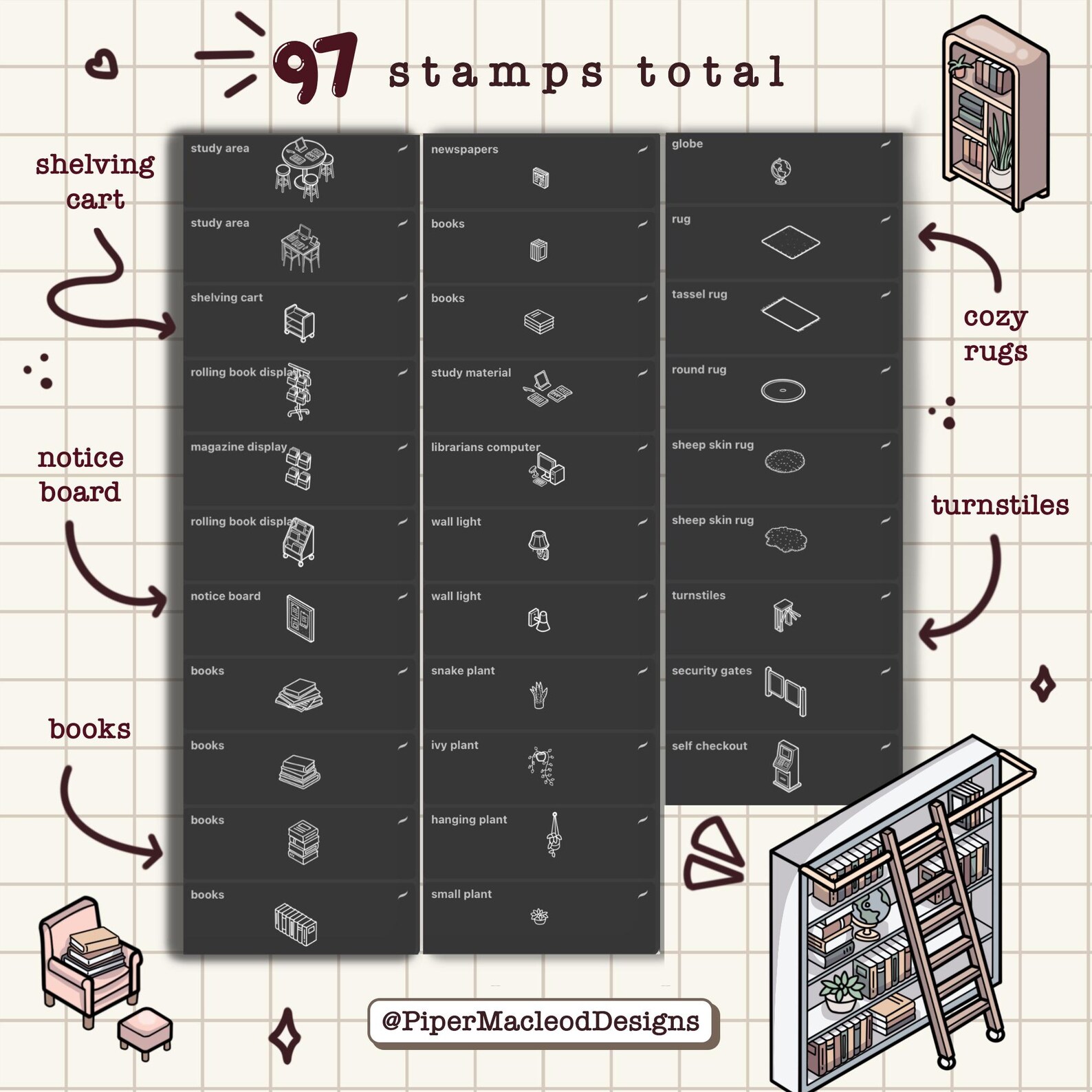 Isometric Procreate Stamps, Reading Theme, Book Nook Brushes, Bookshelf ...