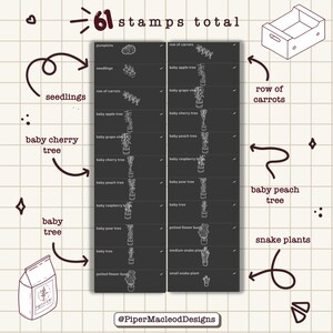 May include: A black and white illustration of 61 different plant and garden themed stamps. The stamps include images of pumpkins, seedlings, rows of carrots, baby apple trees, baby grape vines, baby cherry trees, baby peach trees, baby raspberry bushes, baby pear trees, baby trees, potted flower bushes, medium snake plants, and small snake plants. The text "61 stamps total" is written at the top of the image.
