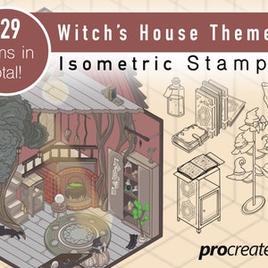 Isometric Procreate Stamps, Spooky Witch House Theme, Magic Wizard Brushes, Samples, Digital Interior Design Art, Digital Isometric Room Art