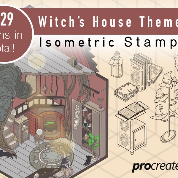 Isometric Procreate Stamps, Spooky Witch House Theme, Magic Wizard Brushes, Samples, Digital Interior Design Art, Digital Isometric Room Art
