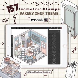 Timbri Procreate isometrici, tema Bakery Shop Cafe, pennelli per prodotti da forno, campioni, arte digitale per interior design, arte digitale isometrica per stanze