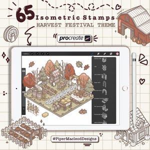 May include: A tablet screen displaying a digital art scene with a harvest festival theme. The image shows isometric stamps of a barn, pumpkins, and market stalls. Text includes "65 Isometric Stamps Harvest Festival Theme" and "Procreate".