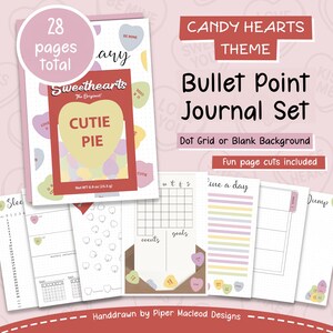 Bullet point journal set for Valentines Day, candy hearts theme for romantics, Dot Grid Notebook background, February Bujo Inserts