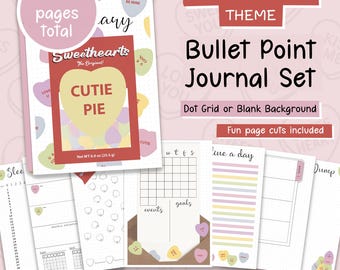 Bullet point journal set for Valentines Day, candy hearts theme for romantics, Dot Grid Notebook background, February Bujo Inserts