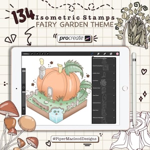 Carimbos isométricos Procreate, tema de casa de fadas, pincéis de jardim mágico, amostras, arte de design de exterior digital, arte de paisagismo isométrica digital