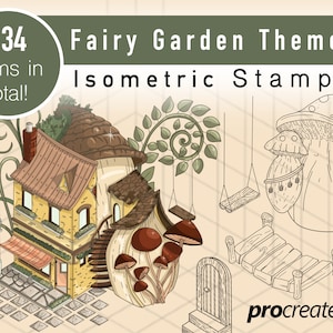 Isometric Procreate Stamps, Fairy House Theme, Magic Garden Brushes, Samples, Digital Exterior Design Art, Digital Isometric Landscaping Art