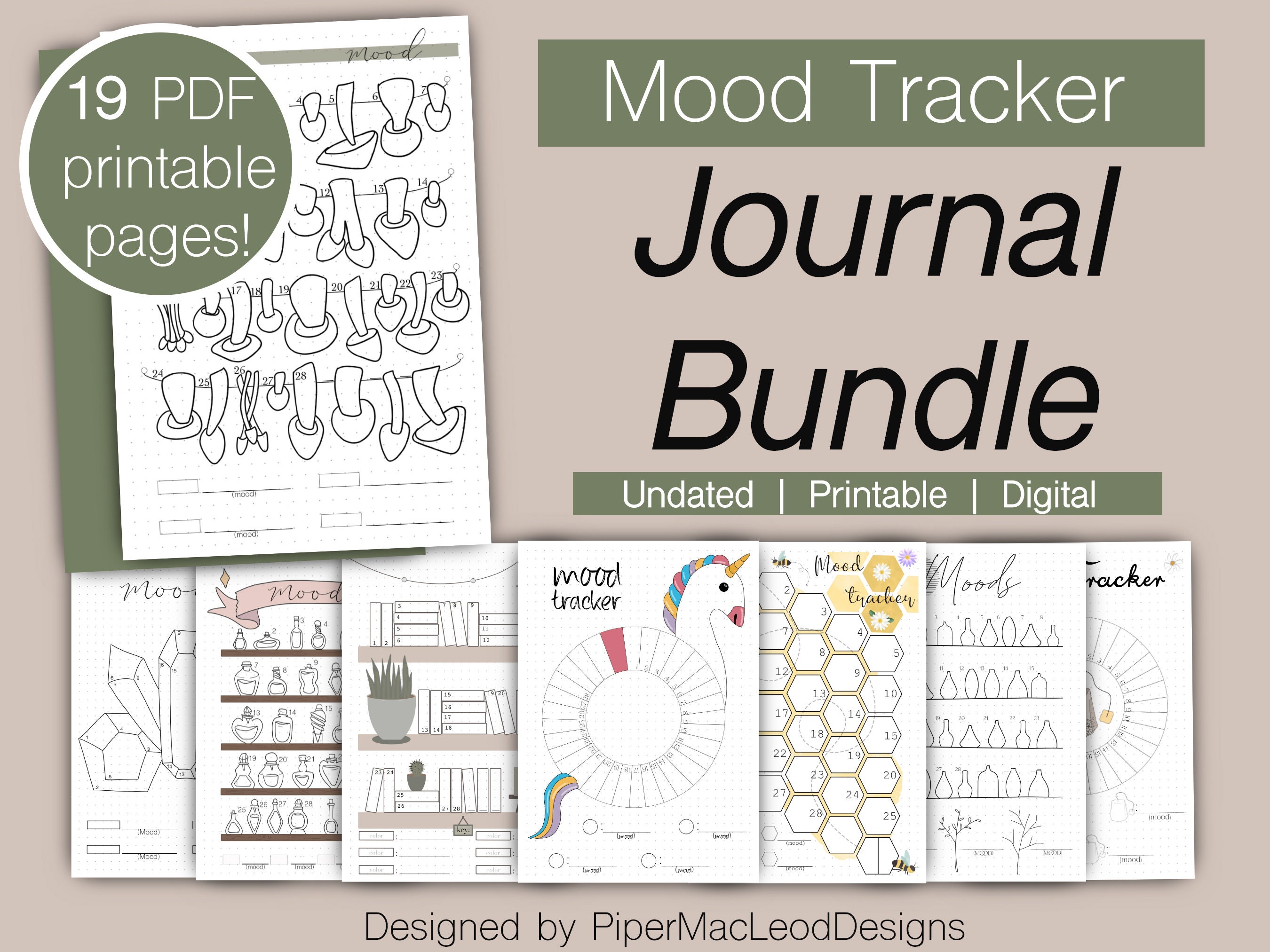 Mood Tracker Bundle Pack Printable, Mood Chart for Bullet Point Journal, Journal Printable ...