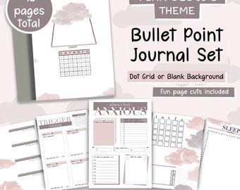 Bullet point Journal Set for reducing anxiety, printable stress trackers, calming cloud themed planner, trigger & anxiety relief strategies