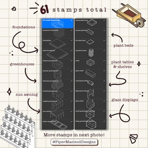 May include: A black and white illustration of 61 different stamps for a gardening themed game or craft project. The stamps include greenhouses, plant beds, plant tables, shelves, and sun awnings. The text "61 stamps total" is at the top of the image. The text "More stamps in next photo! @PiperMacleodDesigns" is at the bottom of the image.