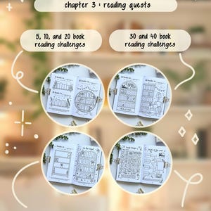 May include: A beige graphic with the text "WHATS INSIDE?" and "chapter 3: reading quests." It features reading challenges for 5, 10, 20, 30, and 40 books, plus a TBR list and book bingo. The image includes illustrations of bookshelves.