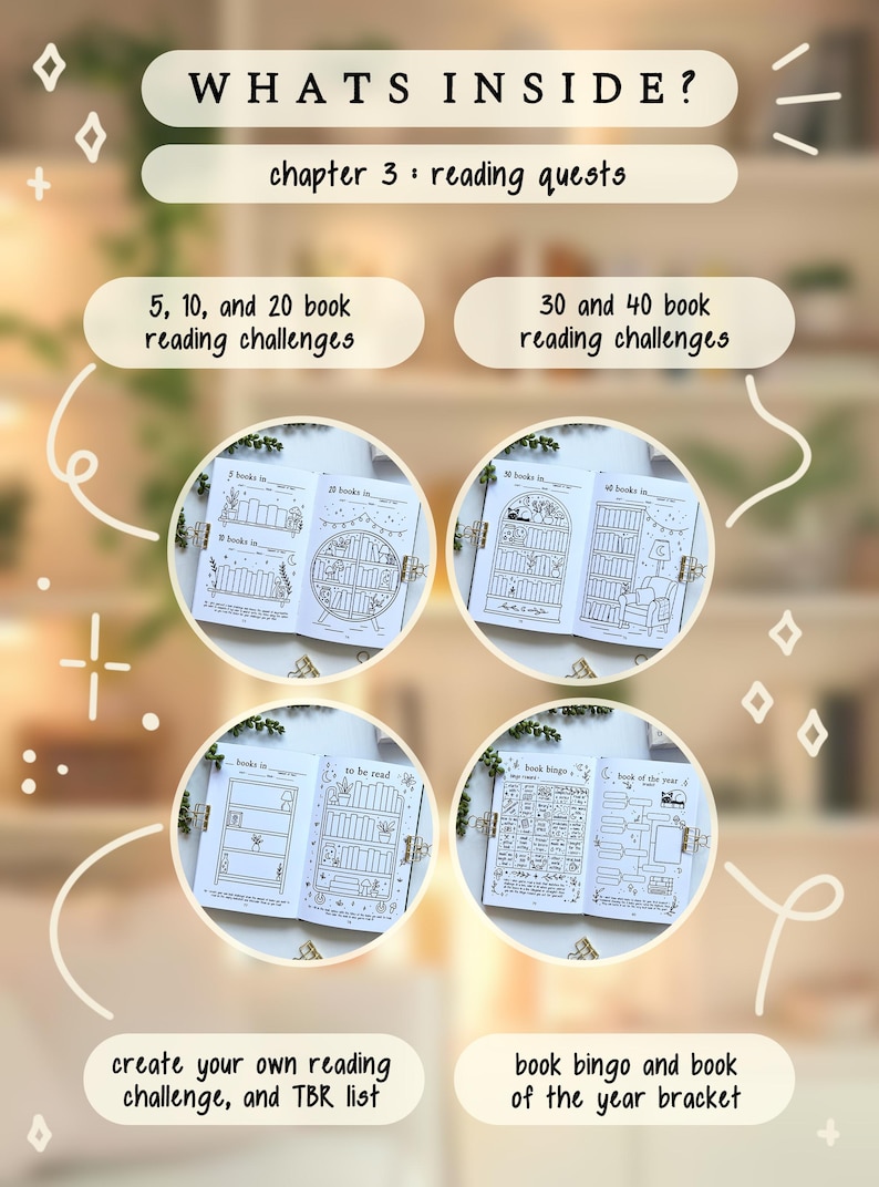 May include: A beige graphic with the text "WHATS INSIDE?" and "chapter 3: reading quests." It features reading challenges for 5, 10, 20, 30, and 40 books, plus a TBR list and book bingo. The image includes illustrations of bookshelves.