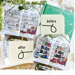 May include: A coloring book spread titled "my book shelves" shows a before and after comparison. The "before" image is a line drawing of a bookshelf, armchair, and ottoman. The "after" image is the same scene, colored with books and furniture.