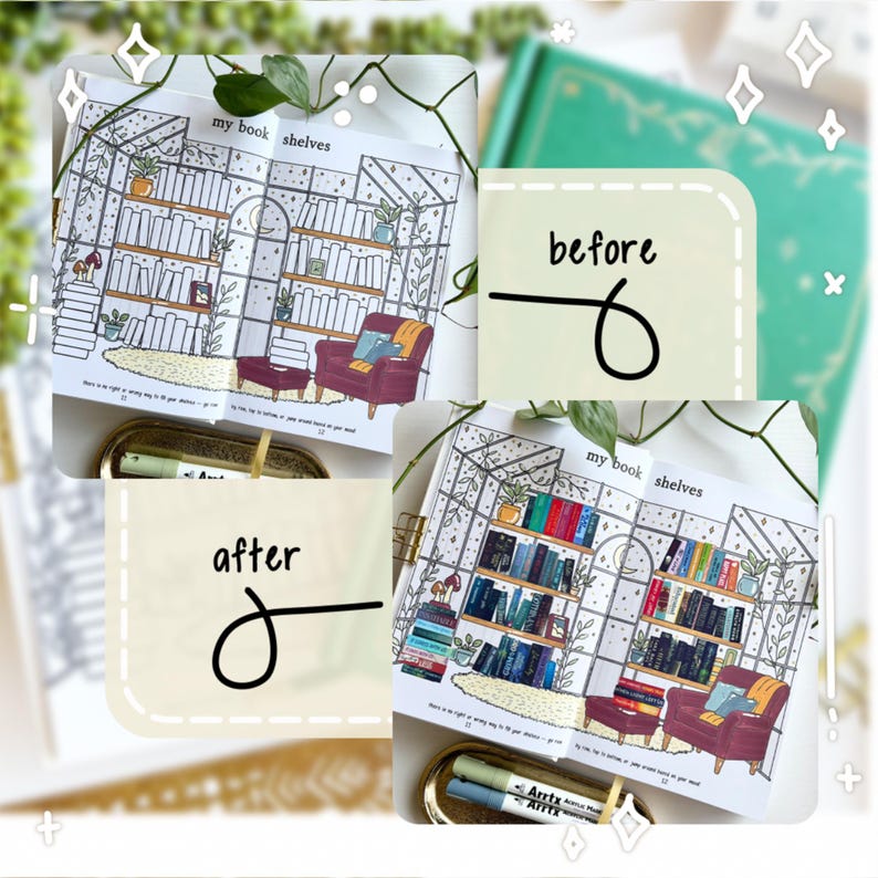 May include: A coloring book spread titled "my book shelves" shows a before and after comparison. The "before" image is a line drawing of a bookshelf, armchair, and ottoman. The "after" image is the same scene, colored with books and furniture.
