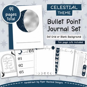 Set di diario con punti elenco, tema luna e stelle celesti per gli amanti dei planner, utilizzo senza data per qualsiasi mese, griglia a punti e inserti stampabili vuoti