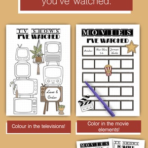 May include: A printable planner page with black and white illustrations of televisions and film reels. The page is divided into two sections, one for tracking TV shows and the other for tracking movies. The text "TV Shows I've Watched" and "Movies I've Watched" is at the top of each section. The page also includes a section for tracking movies and TV shows to watch.