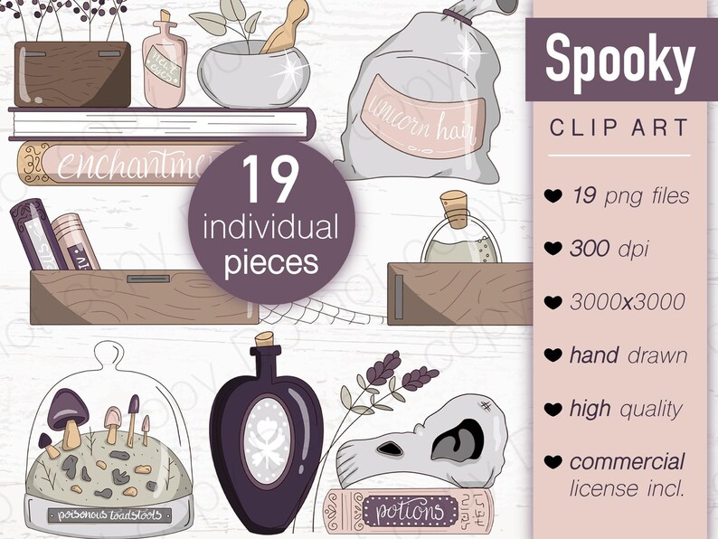 Halloween Clip Art Bundle, Hand Drawn Spooky Clipart, Spells & Potions