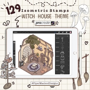 Carimbos isométricos Procreate, tema de casa de bruxa assustadora, pincéis de mago mágico, amostras, arte de design de interiores digital, arte de sala isométrica digital