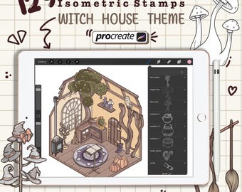 Isometric Procreate Stamps, Spooky Witch House Theme, Magic Wizard Brushes, Samples, Digital Interior Design Art, Digital Isometric Room Art