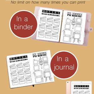 May include: Printable black and white planner pages with a movie and TV show theme. The pages feature a clapperboard design for movies and a stack of televisions for TV shows. The text on the pages reads "Movies Worth Remembering" and "TV Shows I've Watched". The pages are designed to be used in a binder or journal.