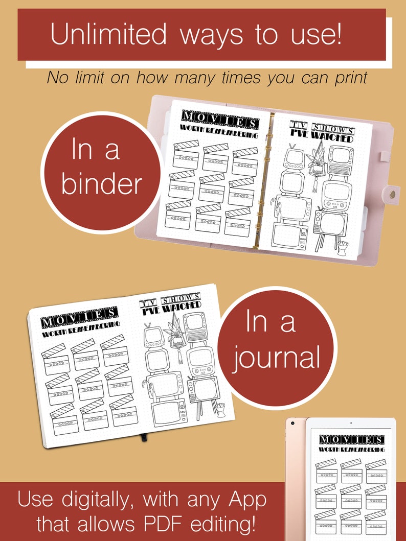 May include: Printable black and white planner pages with a movie and TV show theme. The pages feature a clapperboard design for movies and a stack of televisions for TV shows. The text on the pages reads "Movies Worth Remembering" and "TV Shows I've Watched". The pages are designed to be used in a binder or journal.