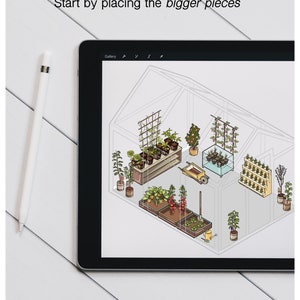 May include: A digital illustration of a greenhouse interior with a variety of plants and gardening tools. The image is displayed on a tablet computer with a white stylus.