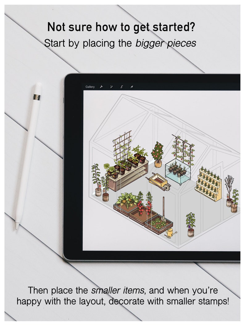 May include: A digital illustration of a greenhouse interior with a variety of plants and gardening tools. The image is displayed on a tablet computer with a white stylus.