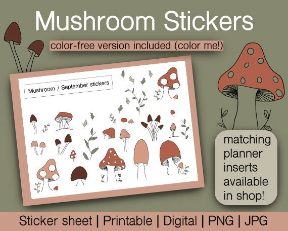 Mushroom Theme Printable Sticker Sheet Digital Stickers and | Etsy