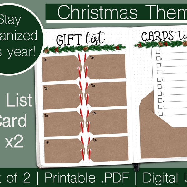 Christmas Gift List set, holiday card tracker pack, Printable Inserts, Bullet point Journal pages, planner inserts