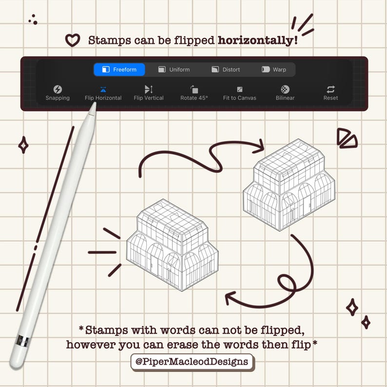 May include: A digital illustration of a tool bar with options for flipping and rotating images. The text "Stamps can be flipped horizontally!" is at the top of the image. The text "*Stamps with words can not be flipped, however you can erase the words then flip*" is at the bottom of the image. The text "@PiperMacleodDesigns" is below the text.