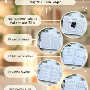 May include: A book ledger titled "WHAT'S INSIDE?" and "chapter 2: book ledger" is displayed. It features sections for 70 books to colour, 80 quick reviews, 48 full book reviews, 24 series reviews, and book awards.