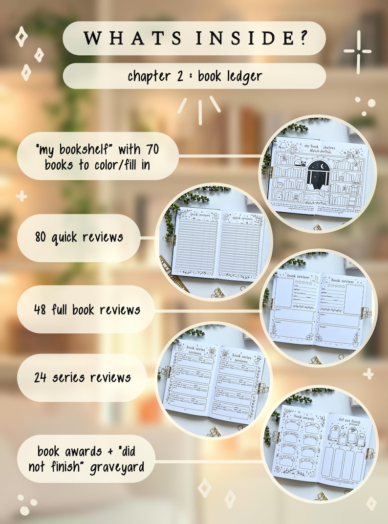 May include: A book ledger titled "WHAT'S INSIDE?" and "chapter 2: book ledger" is displayed. It features sections for 70 books to colour, 80 quick reviews, 48 full book reviews, 24 series reviews, and book awards.