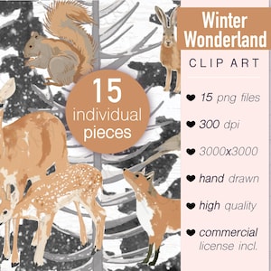 Ensemble d'autocollants de journal Bullet point, thème de la forêt enneigée du pays des merveilles de l'hiver, clipart et version imprimable, renard des neiges lapin cerf, art PNG par temps froid