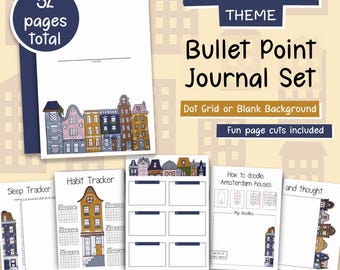 Bullet point journal set with an Amsterdam houses theme, simple printable building planner PDF pages and digital use!
