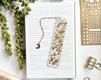Clear Acrylic Bookmark, Gold Satellite Chain, Moon & Star Charms, Celestial Reading Gift, Whimsical Cottagecore, Fantasy Book Lover Present