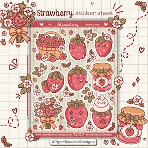 Kawaii Erdbeeren Aufkleber, Journal & Planer Aufkleber, Cottagecore Theme Art, Beeren Illustrationen, süße Obst Aufkleber, glänzend oder matt