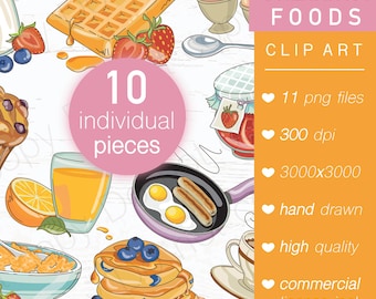 Hand Drawn Breakfast Foods Clipart: PNG Stickers Bundle