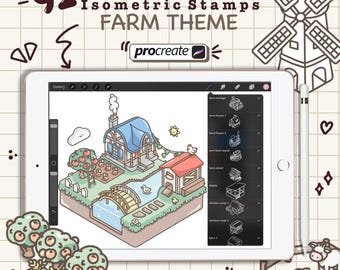 May include: A digital illustration of a farm scene with a farmhouse, a barn, a pond, a bridge, and a tree with apples. The scene is drawn in an isometric style. The image is displayed on a tablet screen with a stylus next to it. The tablet screen also shows a list of 92 farm-themed stamps for the Procreate app. The text "@PiperMacLeodDesigns" is at the bottom of the image.