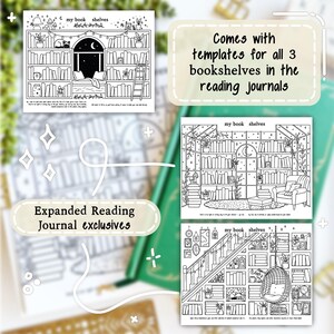 May include: A reading journal with three black and white bookshelf templates. The templates include illustrations of bookshelves with books, plants, and decorative elements. Text on the image reads "my book shelves" and "Comes with templates for all 3 bookshelves in the reading journals."