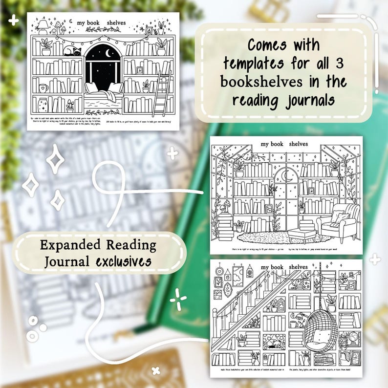 May include: A reading journal with three black and white bookshelf templates. The templates include illustrations of bookshelves with books, plants, and decorative elements. Text on the image reads "my book shelves" and "Comes with templates for all 3 bookshelves in the reading journals."