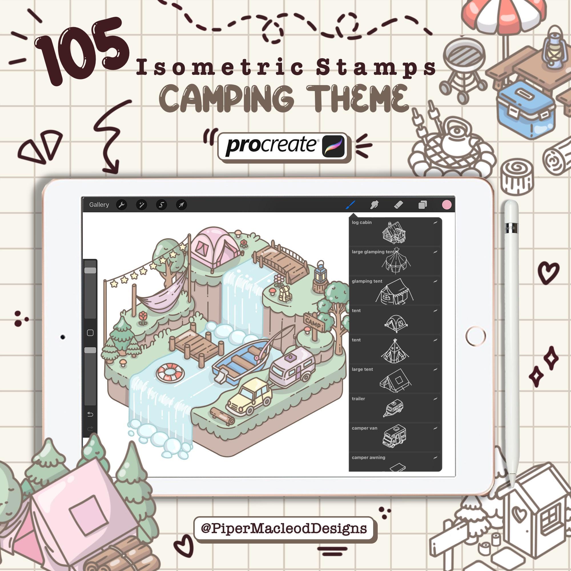 Isometric Procreate Camping Stamps, Design Your Own Campground, Digital Nature Brushes, Cozy Campsite Tycoon Samples, Kawaii Outdoor Camp