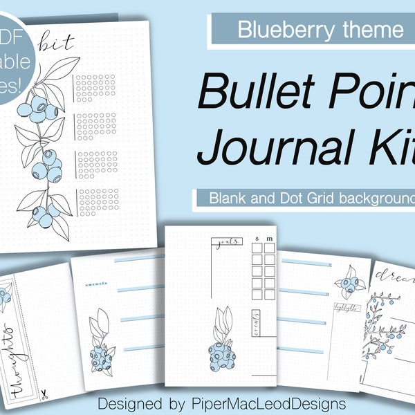 Bullet point Journal set with a  Blueberry Theme, Simple fruit themed planner, Printable blank planner inserts